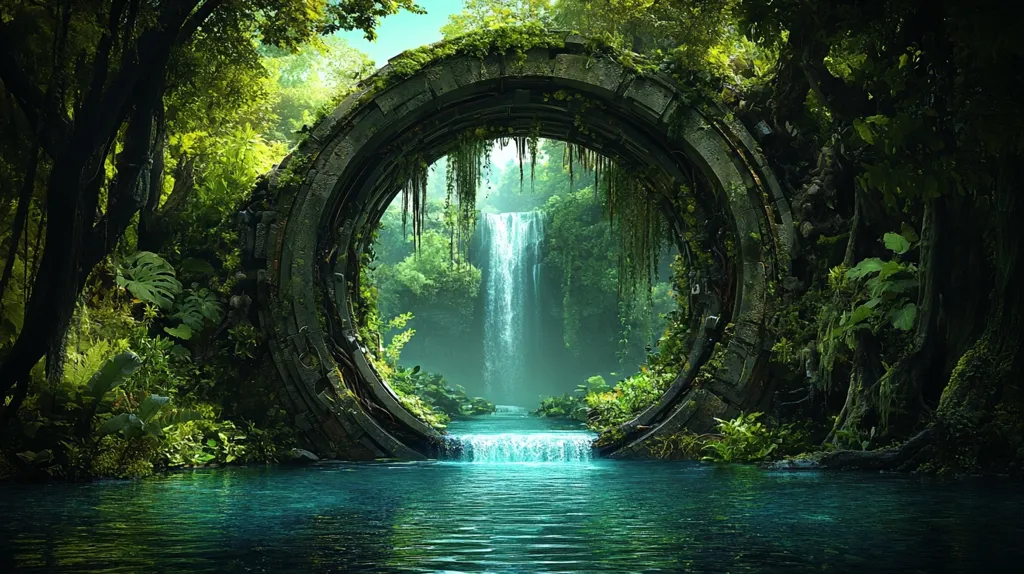 A circular, stone structure, overgrown with lush vegetation, frames a tranquil waterfall cascading into a serene pool.  The scene is set within a vibrant, verdant rainforest, the dark green foliage contrasting with the lighter teal of the water.  The ancient-looking stonework suggests a forgotten civilization or perhaps a portal to another realm, enhancing the mystical atmosphere of the image. The overall impression is one of peaceful, hidden beauty, a secret oasis untouched by time.