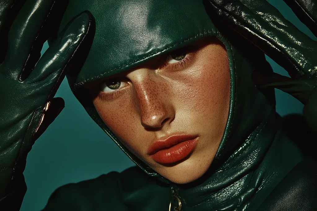 Close-up of a model's face, partially obscured by a dark green leather balaclava and matching gloves.  The model's freckled skin and coral-toned lipstick contrast against the rich, textured leather.  Her eyes are visible, conveying a serious and intense gaze.  The overall aesthetic is edgy and fashion-forward, with a strong emphasis on texture and color. The backdrop is a muted teal, complementing the deep green tones.