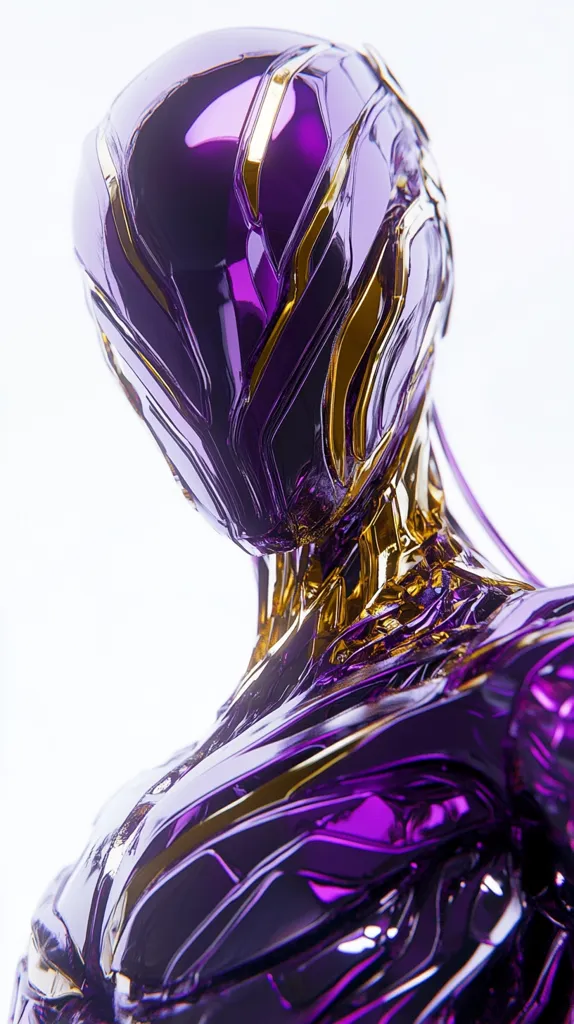Here's a description of the image:

The image showcases a close-up of a stylized robotic figure, predominantly purple with gold accents.  The robot's design is sleek and futuristic, with a highly polished, almost liquid-like, metallic finish.  The helmet is prominent, featuring sharp, angular lines that flow into the body. Gold highlights trace the contours of the robot's form, emphasizing its intricate details and mechanical structure. The background is plain white, allowing the robot's vibrant colors and intricate design to stand out. The overall aesthetic is one of high-tech elegance and futuristic sophistication.