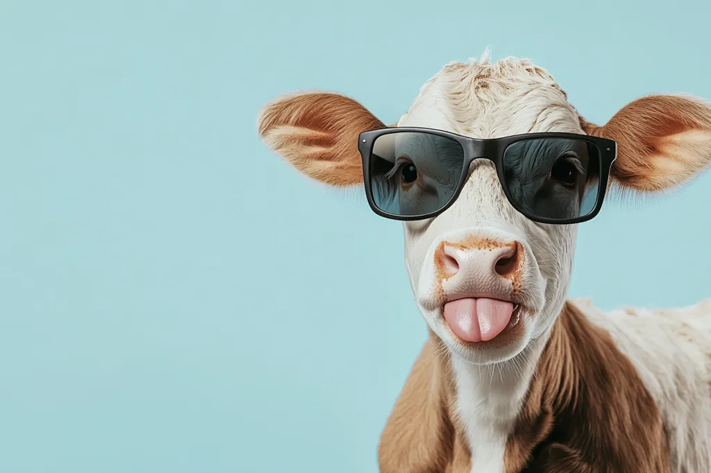 Here's a description of the image:

Close-up view of a young calf, predominantly white with light brown patches, against a pale blue background. The calf is wearing dark sunglasses and its tongue is playfully sticking out.  Its large, expressive eyes are partially visible behind the sunglasses. The calf's ears are a light brown, matching its body patches. The overall impression is one of playful mischief and a humorous contrast between the animal and the human accessory.