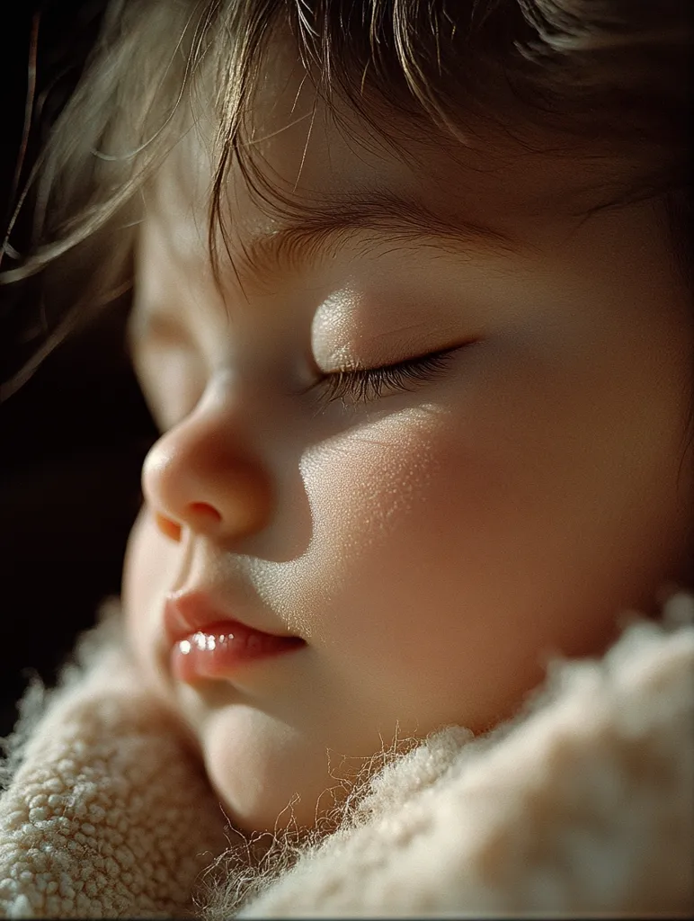 Close-up view of a toddler peacefully sleeping.  Sunlight softly illuminates the child's face, highlighting delicate features like their eyelashes and soft skin. Their eyes are closed, and their lips are gently parted.  The child is partially wrapped in a light beige, fluffy garment. The overall impression is one of serenity and tender innocence.