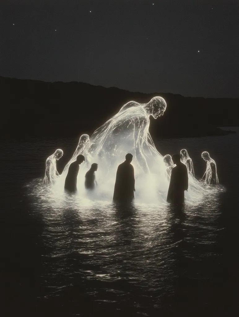 Here's a description of the image:

The artwork depicts a luminous, ethereal figure, seemingly composed of light and energy, bending over a group of shadowy figures standing in calm, dark water under a starlit night sky. The luminous being appears to emanate a gentle glow, illuminating the water and partially obscuring the individuals below. The figures in the water are silhouetted, their forms indistinct, creating a sense of mystery and reverence. The overall mood is serene yet slightly enigmatic, suggesting a spiritual or mystical encounter. The contrast between the bright central figure and the dark background and figures emphasizes the otherworldly quality of the scene.