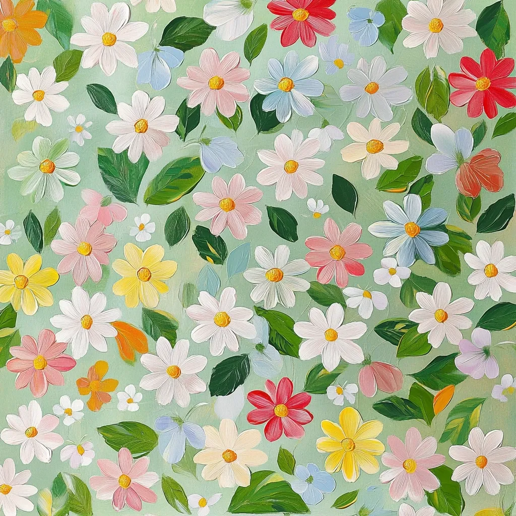 Here's a description of the image:

The image is a vibrant painting depicting a profusion of daisies in various colors and shades of pink, white, yellow, and blue.  The daisies are densely packed, creating a floral tapestry against a soft mint green background.  The artist has used visible brushstrokes, giving the flowers a textured, almost impasto effect.  Green leaves are interspersed amongst the blossoms, adding depth and visual interest. The overall impression is one of joyful abundance and springtime freshness.