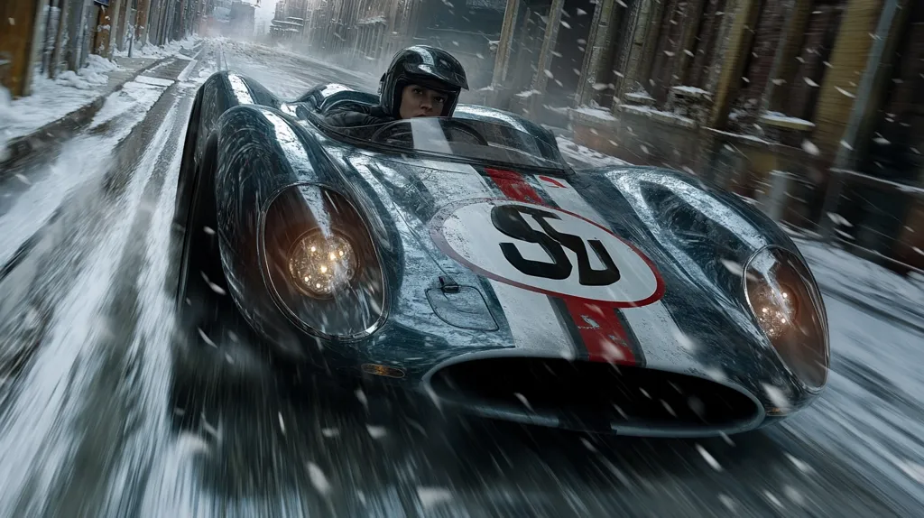A vintage, blue and white race car speeds down a snowy city street.  The driver, a woman wearing a helmet, is visible through the windshield. The car is covered in snow and water spray, indicating high speed and inclement weather.  The number "SU" is prominently displayed on the car's side.  The image evokes a sense of speed and adrenaline, with a slightly gritty, cinematic quality.  The background is blurred, focusing attention on the car and its driver.
