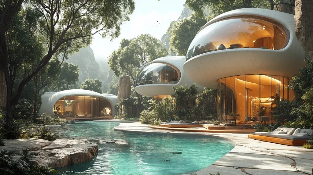 Here's a description of the image:

The image showcases a futuristic, organic architectural marvel nestled within a lush, verdant forest.  Three dome-shaped homes, seamlessly blending with the natural surroundings, feature expansive glass windows offering views of the tranquil landscape. A meandering turquoise pool flows past the structures, creating a serene oasis.  Wooden deck areas with lounge chairs complete the tranquil atmosphere, suggesting a luxurious and secluded retreat.  The overall aesthetic is one of harmony between modern design and untouched nature.