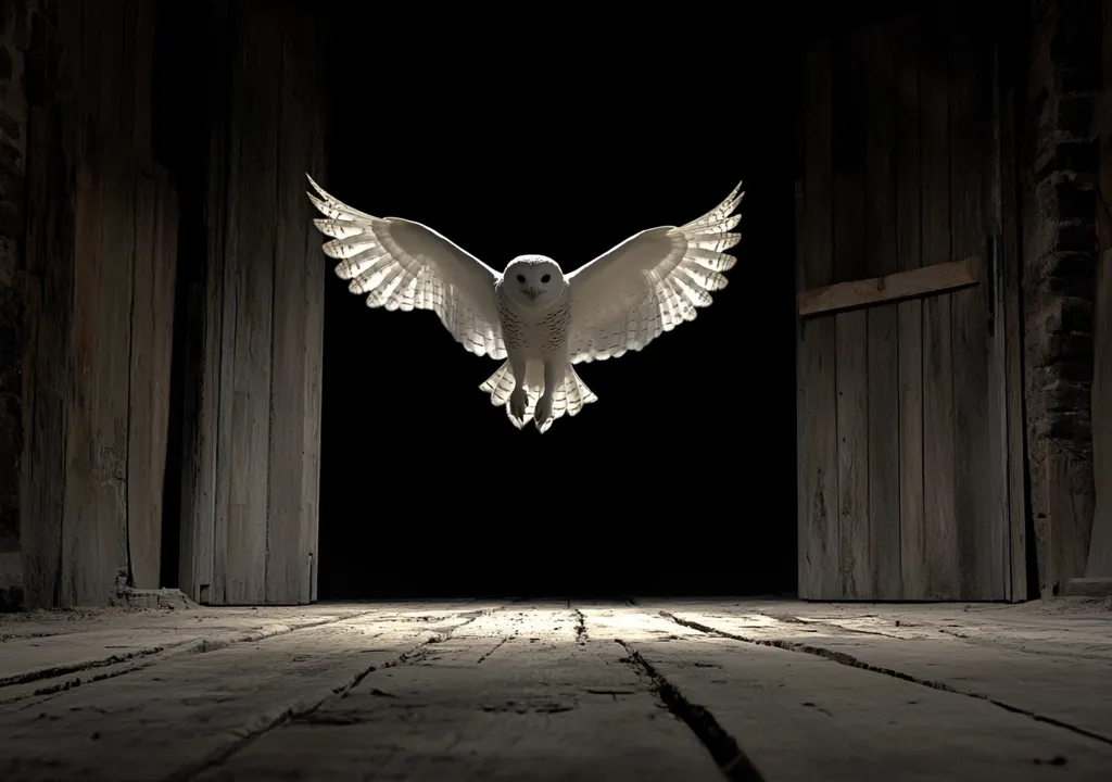 A snowy owl in flight dominates the center of a dark, rustic scene. Its wings are outstretched, showcasing detailed feathers, as it approaches the viewer.  The owl is sharply in focus, contrasted by the blurred background of aged wooden doors and a worn wooden floor. The low light enhances the dramatic effect, creating a mood of mystery and power.