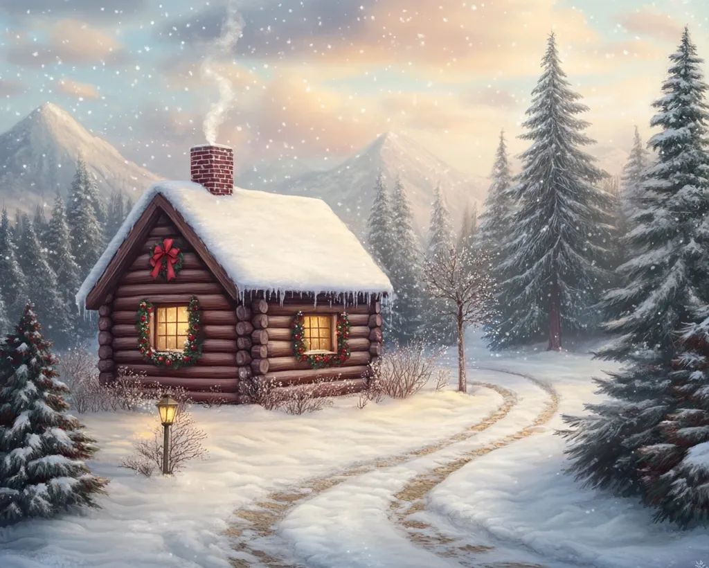 A cozy log cabin, adorned with Christmas wreaths and a large red bow, sits nestled in a snow-covered winter wonderland.  Smoke curls from its chimney, adding to the idyllic scene.  Tall, snow-laden evergreens surround the cabin, which is illuminated from within, creating a warm glow against the falling snow. A winding path leads to the cabin, suggesting a peaceful and secluded retreat in the mountains.  The soft light and falling snow create a magical, Christmas-card-perfect atmosphere.