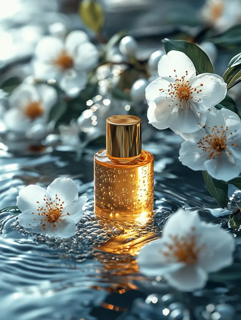 A gold-topped bottle of amber liquid rests gently on the surface of water, surrounded by delicate white blossoms.  Bubbles cling to the bottle and ripple across the water's surface, creating a serene and luxurious aesthetic.  The flowers, possibly jasmine, add a touch of natural elegance to the image, suggestive of a floral-scented perfume or essential oil.  The overall mood is calm and tranquil, emphasizing the product's beauty and possibly its spa-like qualities.