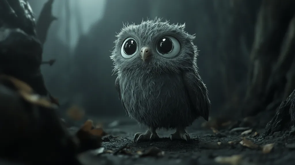 A digitally rendered owlet stands in a dark, shadowy forest.  Its plumage is a dark grey, almost black, and its large, expressive eyes are wide and round.  The owlet appears young and fluffy, its small body perched on the ground amidst fallen leaves and the roots of trees. The overall mood is one of quiet mystery and enchanting darkness. The focus is sharply on the owlet, contrasting with the blurred background.