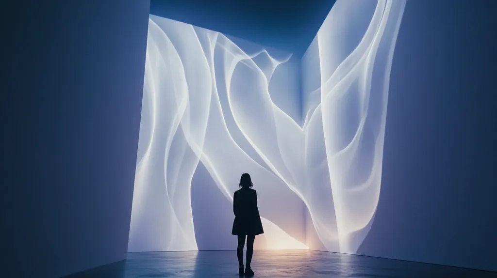 The image shows a person silhouetted against a large, luminous sculpture. The sculpture fills three walls of a minimalist, dark room, its form resembling flowing, translucent fabric.  The soft, glowing white of the artwork contrasts sharply with the dark floor and walls, creating a serene and ethereal atmosphere. The viewer's perspective is positioned to emphasize the scale and impact of the piece.  The overall effect is one of calm contemplation and artistic beauty.