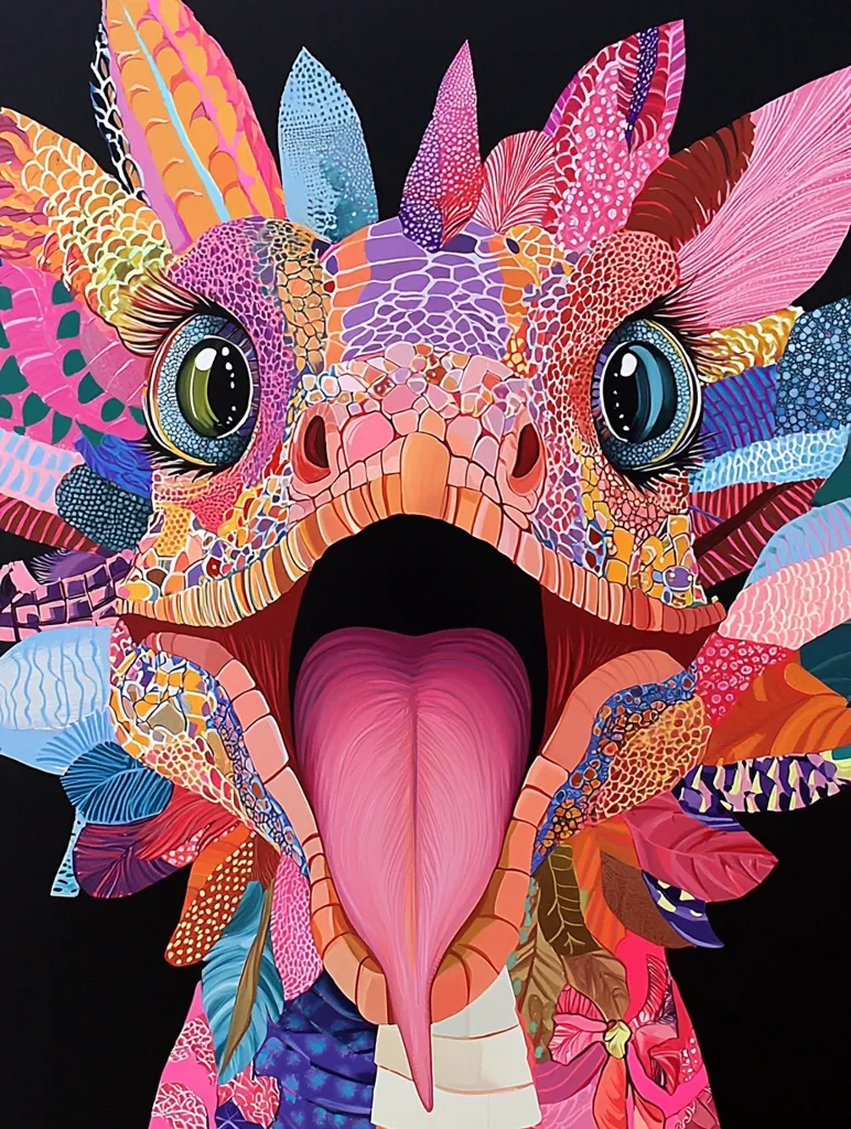 A vibrant, stylized creature dominates the artwork.  Its face is a kaleidoscope of multicolored patterns, resembling scales and feathers. Large, expressive eyes and a wide-open mouth revealing a bright pink tongue add character. The creature's head is surrounded by a burst of similarly patterned, flamboyant elements, creating a dynamic and almost surreal effect against the stark black background. The overall style is bold, playful, and highly textured.