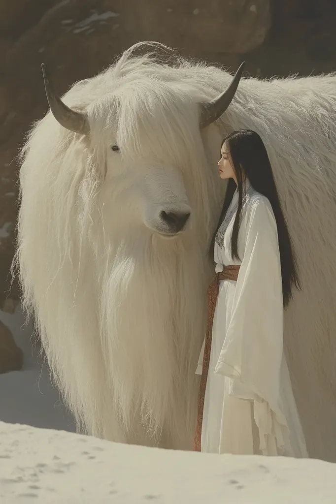 A young woman in a flowing white robe stands beside a magnificent white yak in a snowy landscape.  The yak's long, thick coat contrasts beautifully with the woman's attire, creating a serene and ethereal scene.  Both subject and animal are bathed in soft, natural light. The overall impression is one of peace and tranquility in a remote, wintry setting. The woman gazes pensively to the side, while the yak stands calmly.