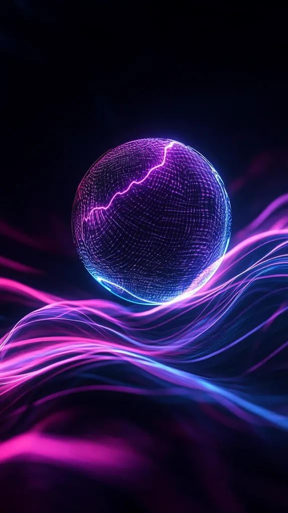 The image showcases a vibrant, neon-lit sphere composed of a fine mesh grid.  A bright pink line traces a path across its surface.  The sphere rests atop flowing, luminous waves of purple and blue, creating a dynamic, almost ethereal effect. The background is a deep black, allowing the neon colors to pop. The overall impression is one of technological advancement and futuristic energy.