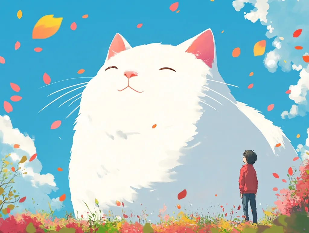 Here's a description of the image:

The illustration depicts a giant, smiling white cat dominating the scene against a vibrant blue sky.  Pink and orange petals drift down like falling leaves. A small child, wearing a red jacket and dark pants, stands in a field of colorful flowers at the cat's base, gazing up in awe. The style is whimsical and dreamlike, with soft, pastel colors and a gentle atmosphere. The overall feeling is one of peaceful wonder and childlike amazement.