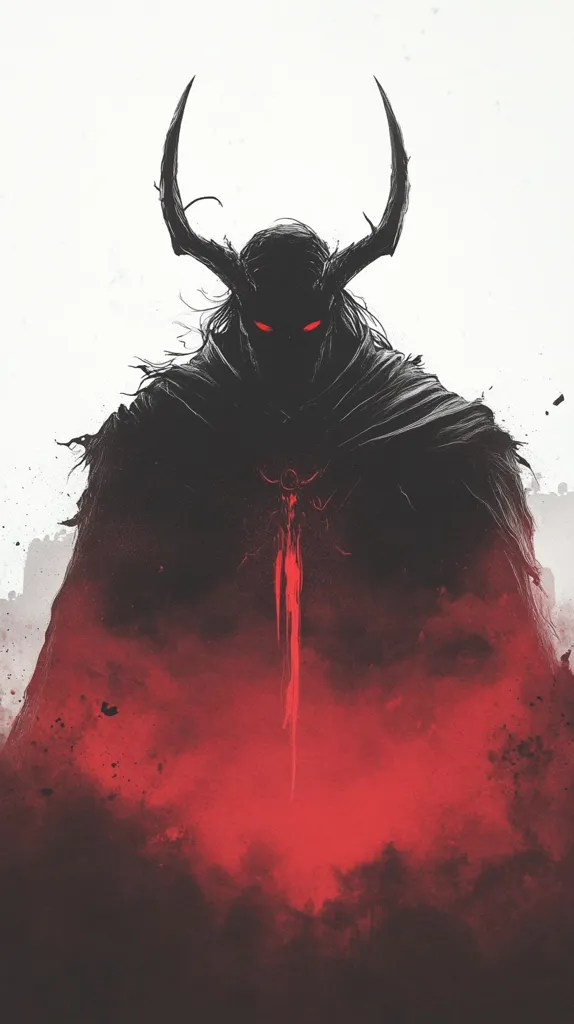 The image depicts a dark, imposing figure, possibly a demon or dark lord.  Clad in a shadowy cloak, the figure has large, curved horns and glowing red eyes, visible through a dark, helmet-like mask.  A crimson mist or blood-like substance emanates from the figure and the ground below, creating a dramatic and ominous atmosphere against a stark white background. The overall style is dark fantasy or horror-inspired art, with a focus on contrast and atmospheric effect.