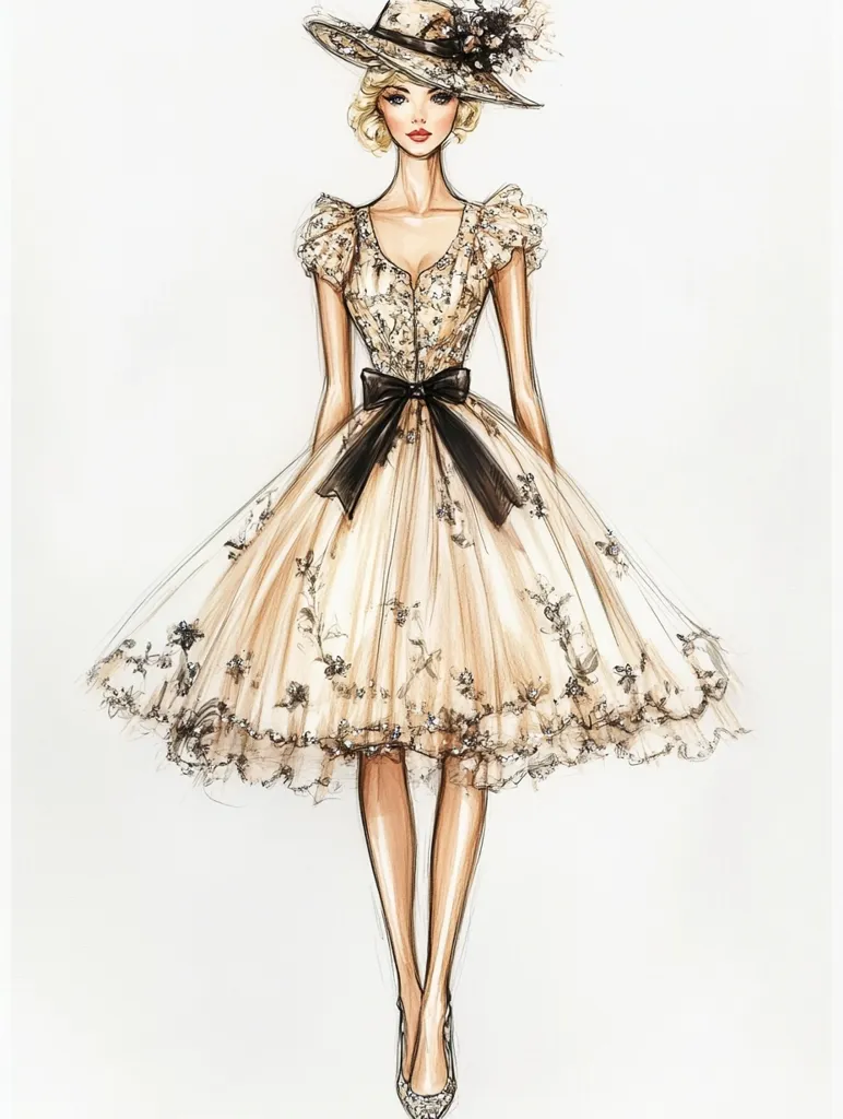 Here is a description of the image:

The image is a fashion illustration of a woman in a beige, tulle dress adorned with delicate dark embroidery.  The dress has a fitted bodice with short sleeves and a full, tea-length skirt. A large black bow accentuates the waist.  She wears a wide-brimmed hat with dark accents and matching heels. The blonde woman's pose is elegant and poised.  The style is reminiscent of vintage fashion illustrations, employing soft shading and detailed linework to create a whimsical yet sophisticated aesthetic.