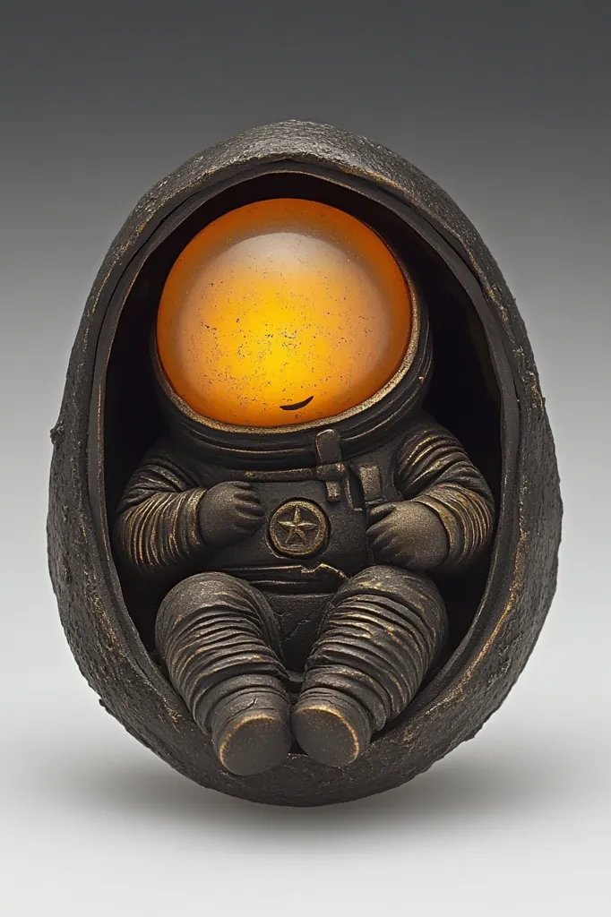 Here's a description of the image:

The photograph shows a bronze-colored sculpture of a baby astronaut nestled inside a dark, egg-shaped cradle. The astronaut's helmet glows with a warm, amber light from within. The sculpture has a detailed, textured surface, and the astronaut's suit is intricately rendered. The overall style is evocative of both science fiction and a sense of peaceful, contemplative waiting. The background is a muted gray, drawing attention to the sculpture's rich tones and unique form.