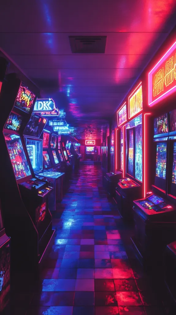 A vibrant, neon-lit arcade corridor glows with pink and blue hues. Rows of vintage arcade games line both sides, their screens displaying pixelated graphics.  Bright neon signs bearing game titles add to the retro atmosphere. The checkered floor reflects the intense lighting, creating a visually striking and nostalgic scene. The overall effect is a captivating blend of color and retro gaming aesthetics.