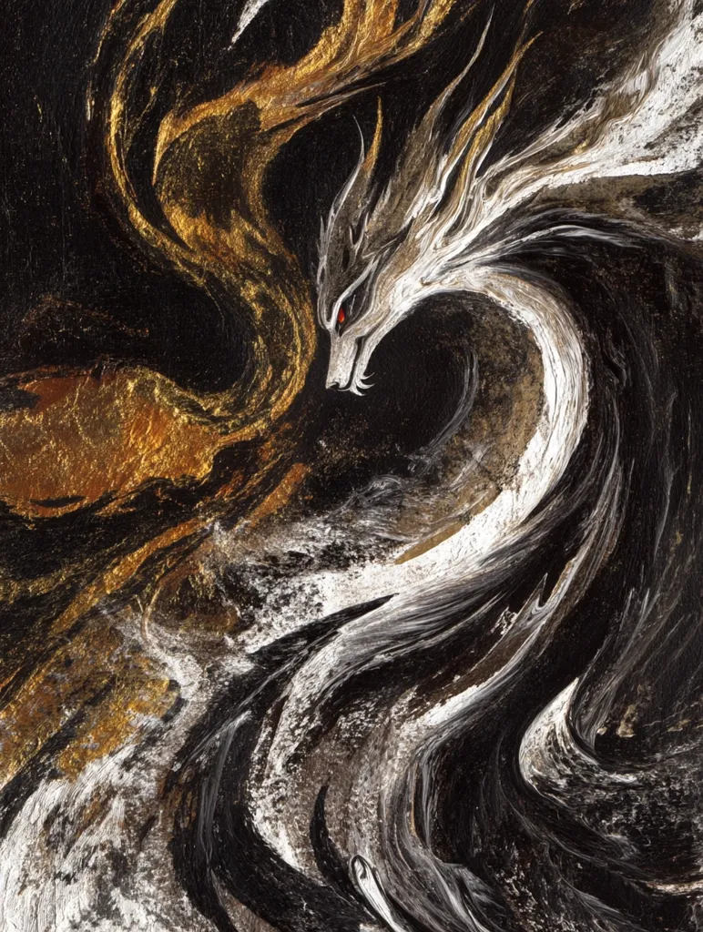 Here's a description of the image:

The artwork depicts a stylized wolf or canine creature, rendered in a swirling vortex of black, white, and gold paint. The creature's form is suggested by the flow of the paint, with its head clearly defined by darker tones and a single red eye.  The overall effect is abstract and fluid, with the colors blending and contrasting to create a dynamic, almost ethereal feel. The gold accents appear like flames or energy, adding a sense of power and intensity. The texture is heavily implied through the brushstrokes, which are thick and expressive.