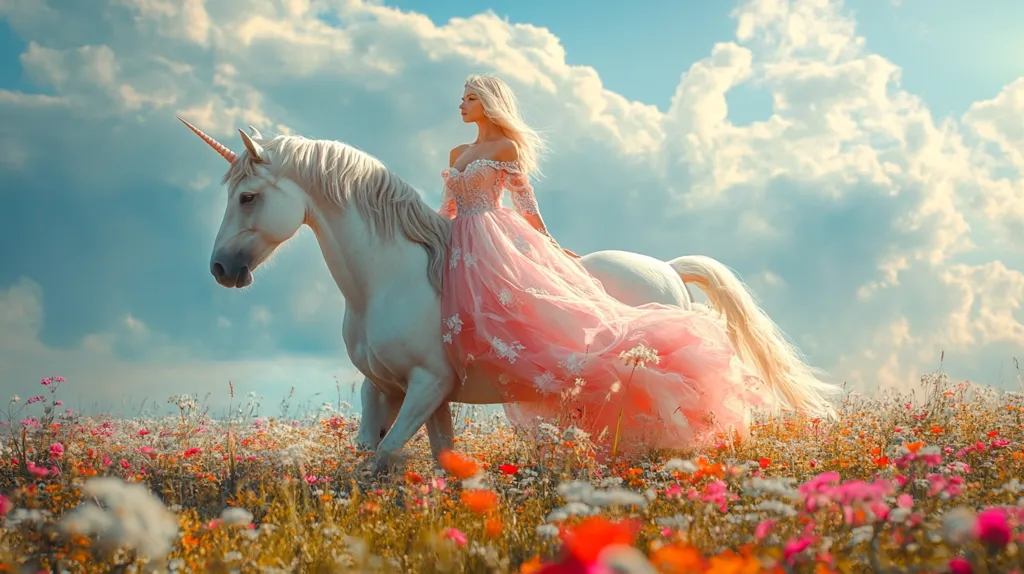 A blonde woman in a flowing pink gown sits atop a majestic white unicorn.  The unicorn, with a delicate spiral horn, strides through a vibrant field of wildflowers under a bright, partly cloudy sky.  The scene is idyllic and fantastical, evoking a sense of magic and fairytale charm. The woman's serene expression complements the peaceful ambiance.