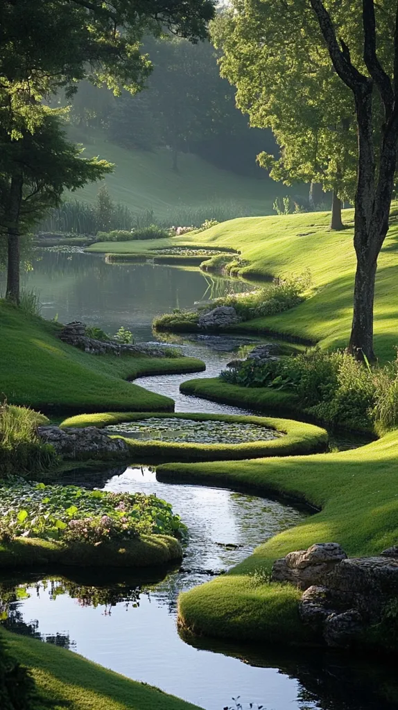 A serene landscape unfolds, featuring a gently meandering stream that weaves its way through meticulously manicured lawns.  The water reflects the lush green surroundings, punctuated by small, moss-covered islands. Mature trees frame the scene, casting dappled shadows on the idyllic setting.  The overall impression is one of tranquility and artful landscaping, suggestive of a meticulously planned garden.