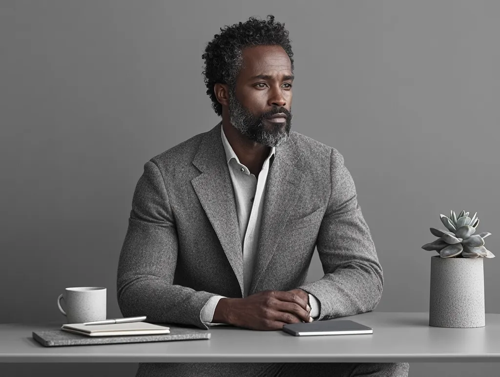 A contemplative middle-aged Black man with graying hair and beard sits at a gray desk. He's dressed in a gray suit and light gray shirt, his hands clasped in front of him.  A notebook, pen, and a mug sit on the desk beside a small succulent plant in a gray pot. The background is a muted gray, creating a calm and sophisticated atmosphere.  His expression is serious and thoughtful.