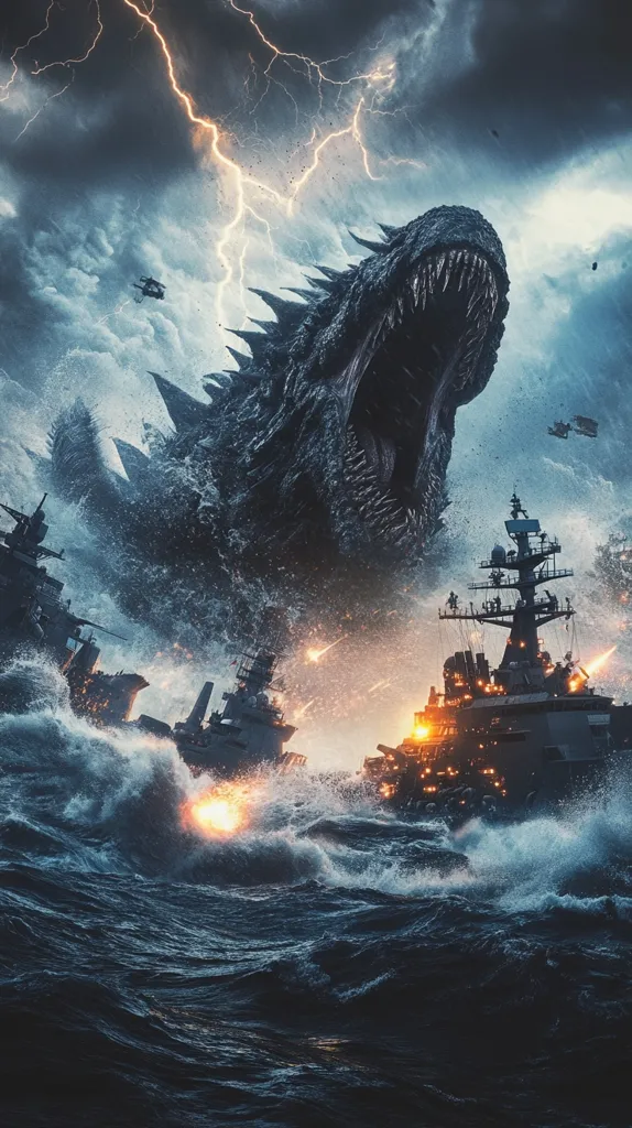 A colossal, dark Godzilla-like creature emerges from a stormy sea under a raging thunderstorm.  Its enormous jaws are open wide, teeth bared.  Several military ships are firing upon it amidst tumultuous waves, seemingly futile against its immense size.  Planes fly overhead as the creature dominates the scene, a powerful depiction of nature's destructive force against humanity. The overall tone is dark, ominous, and awe-inspiring.