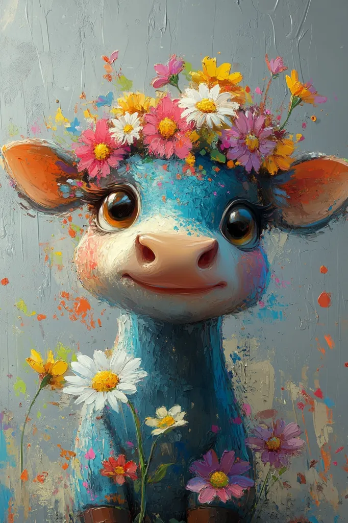 The painting depicts a stylized calf, predominantly teal blue, adorned with a vibrant crown of daisies and other wildflowers. Its large, expressive eyes and gentle smile convey a sense of innocence and sweetness. The calf is positioned against a textured, grayish-blue background speckled with vibrant paint splatters, adding to the overall playful and artistic feel.  Additional wildflowers are painted at the bottom, enhancing the whimsical nature of the artwork. The style is reminiscent of impasto painting, with thick applications of paint creating a textured surface.