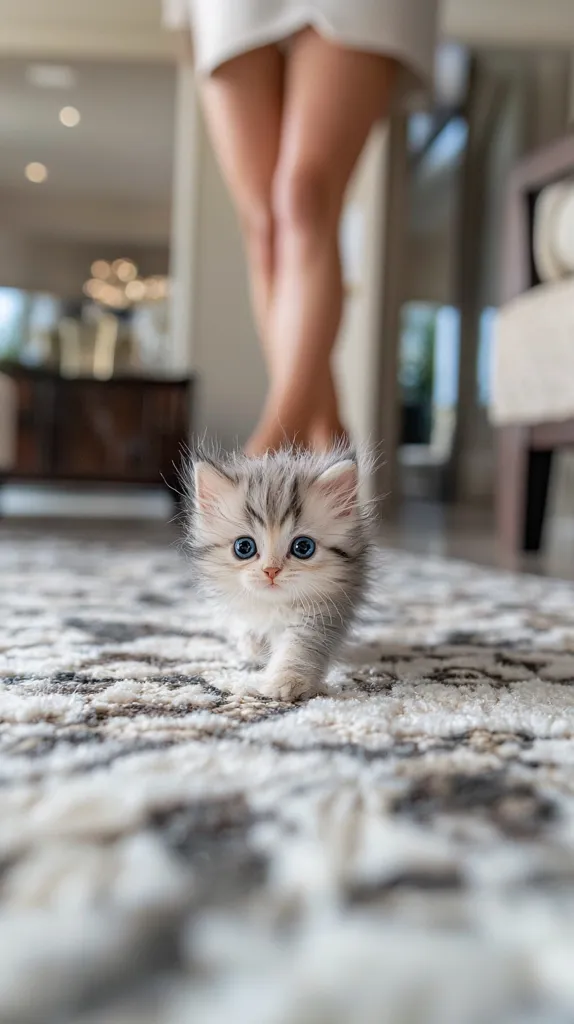 A fluffy gray and white kitten with striking blue eyes walks towards the camera on a patterned rug.  The kitten is small and appears very young.  Out of focus in the background, a woman's legs are visible, suggesting she may be walking behind the kitten. The setting appears to be a modern, well-lit home. The overall image is soft and charming, emphasizing the kitten's cuteness.