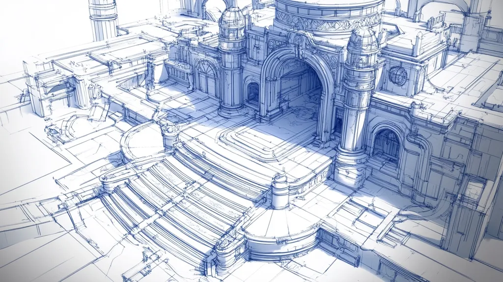 Here's a description of the image:

The image is a detailed architectural sketch, rendered in shades of blue, depicting a grand, possibly ancient, structure.  The drawing style is reminiscent of blueprints or concept art, with numerous lines outlining the building's complex design.  The central focus is a large, arched entrance leading into a spacious hall, flanked by classical columns and intricate detailing.  Extensive steps and platforms descend from the main building, suggesting a layered design with multiple levels.  The overall impression is one of grandeur and possibly historical significance, with hints of both classical and possibly futuristic elements in its design.  The sketch provides a bird's-eye perspective of the building and its surrounding areas.