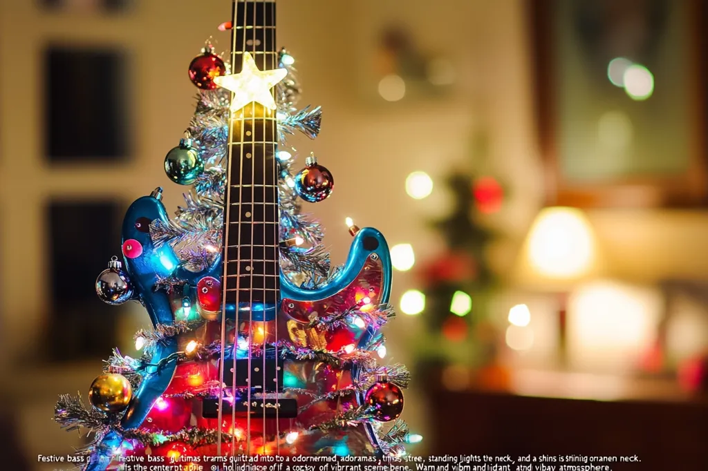 A vibrant blue electric bass guitar is creatively decorated as a Christmas tree.  Adorned with colorful ornaments and twinkling lights, it stands against a softly blurred background of warm, festive lighting. The silver tinsel and colorful baubles create a cheerful holiday scene, highlighting the unique and festive transformation of the instrument. The overall atmosphere is warm and inviting.