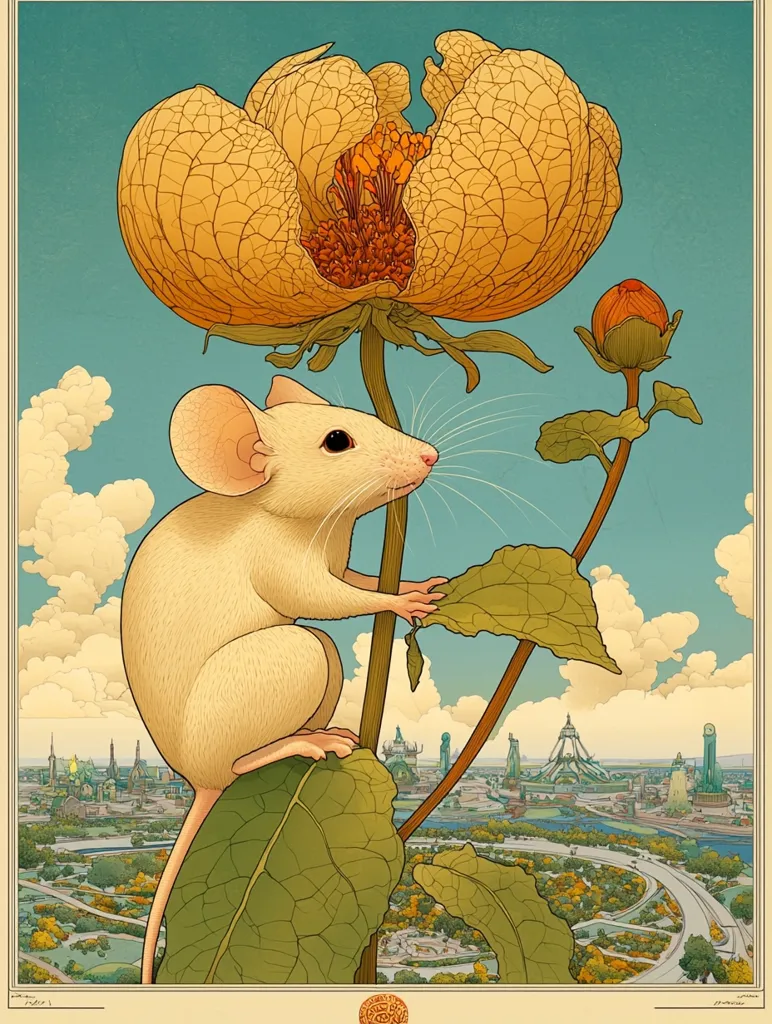 Here's a description of the image:

The illustration showcases a pale, cream-colored mouse perched on a large, stylized flower.  The flower, reminiscent of a poppy or peony, is a vibrant yellowish-orange, with its petals delicately rendered to show a veined texture.  The mouse is positioned prominently, its features detailed and expressive, gazing towards a cityscape in the background. This futuristic city, visible below the flower, is depicted in muted tones of greens and browns, suggesting a blend of nature and technology.  The overall style is reminiscent of Art Nouveau or Art Deco, with clean lines and a muted color palette.  The background sky is a soft, pastel blue with fluffy white clouds. The scene evokes a sense of whimsy and quiet observation.
