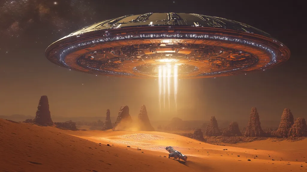 A massive, metallic spaceship hovers over a desolate, orange desert landscape under a starry night sky.  Beams of light emanate from the underside of the craft towards the ground.  In the foreground, a small, lone vehicle or rover sits on the sandy surface near rocky outcroppings. The scene evokes a sense of otherworldly exploration and possibly first contact.  The overall tone is dramatic and mysterious.
