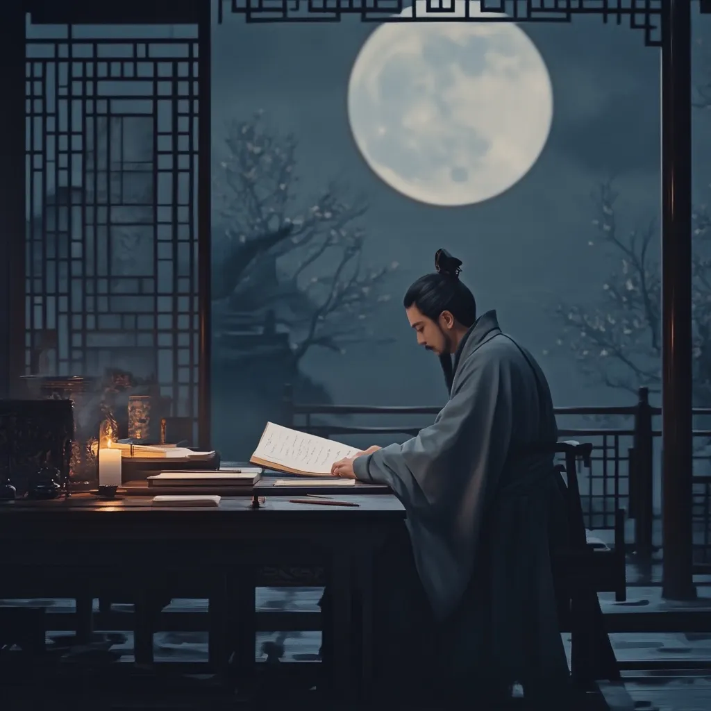 A man in traditional East Asian attire sits at a wooden desk beneath a large, bright moon.  He's engrossed in reading or writing on an open book illuminated by candlelight. The setting appears to be an outdoor veranda or balcony, framed by intricate latticework and overlooking a wintry landscape.  The scene evokes a sense of tranquility and scholarly contemplation. The overall mood is serene and atmospheric, with a focus on the figure and the lunar light.
