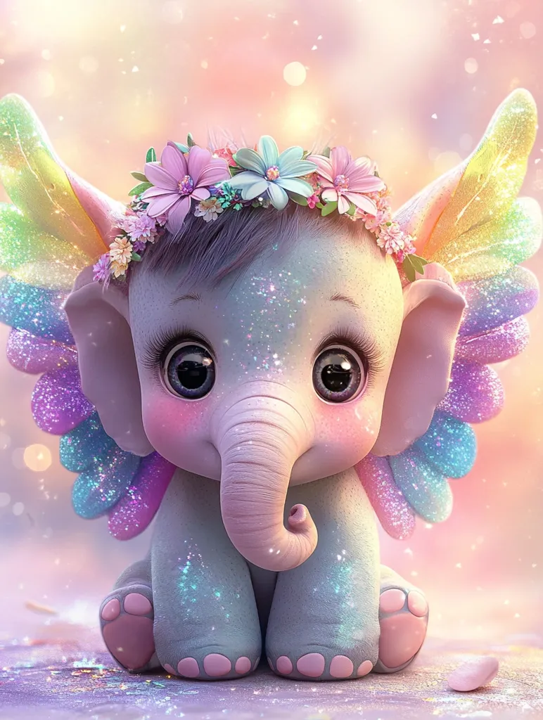 Here's a description of the image:

The image showcases a charming, cartoonish baby elephant.  It's depicted with large, expressive eyes, a petite trunk, and pastel-colored, glittery skin.  The elephant wears a vibrant flower crown and possesses iridescent wings, adding a whimsical, fairy-like quality.  The background is a soft, blurred pink and orange, with bokeh effects, creating a dreamy, magical atmosphere.  The overall style is cute and fantastical, appealing to a younger audience.