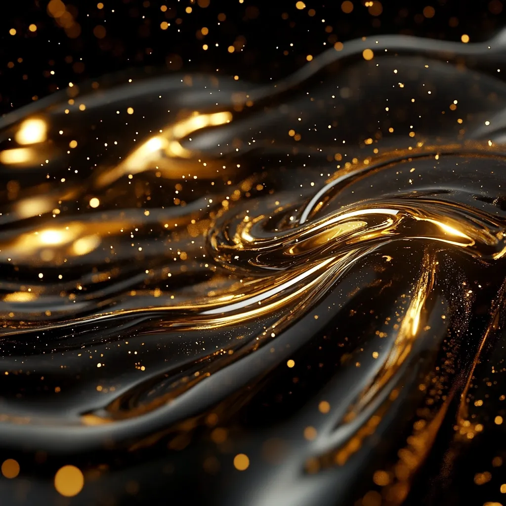 The image showcases a mesmerizing swirl of dark, glossy liquid, reminiscent of oil or polished metal.  Golden flecks and highlights dance across its surface, creating an impression of shimmering, luxurious movement. The contrast between the deep black and the radiant gold evokes a sense of opulence and mystery. The overall effect is one of rich texture and captivating visual depth.