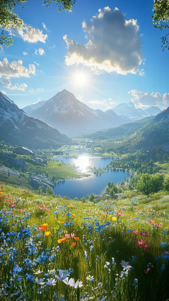 A vibrant meadow of wildflowers blankets the foreground, sloping down towards a serene, meandering lake nestled within a valley.  Towering snow-capped mountains rise in the background under a bright, sunny sky dotted with fluffy white clouds.  The sun's rays illuminate the scene, casting a warm glow on the picturesque landscape.  The image evokes a feeling of tranquility and natural beauty.