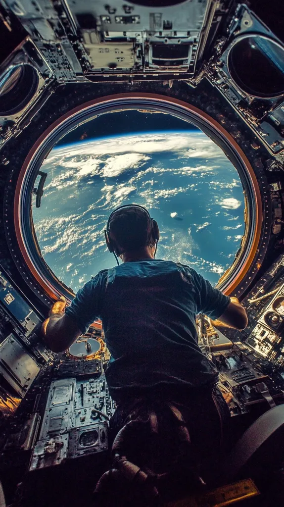 Here's a description of the image:

The photograph captures a breathtaking view from inside a spacecraft.  A lone astronaut, seen from behind, is positioned at a large circular window, gazing out at the Earth. The planet is a vibrant swirl of blues and whites, clouds sculpted by the atmosphere. The spacecraft's interior is intricate, a complex network of machinery and equipment surrounding the window, showcasing the technological marvel of space travel. The astronaut's posture suggests awe and contemplation, a silent moment of wonder amidst the vastness of space.  The image is dark, emphasizing the contrast between the technological interior and the bright, colorful Earth beyond.