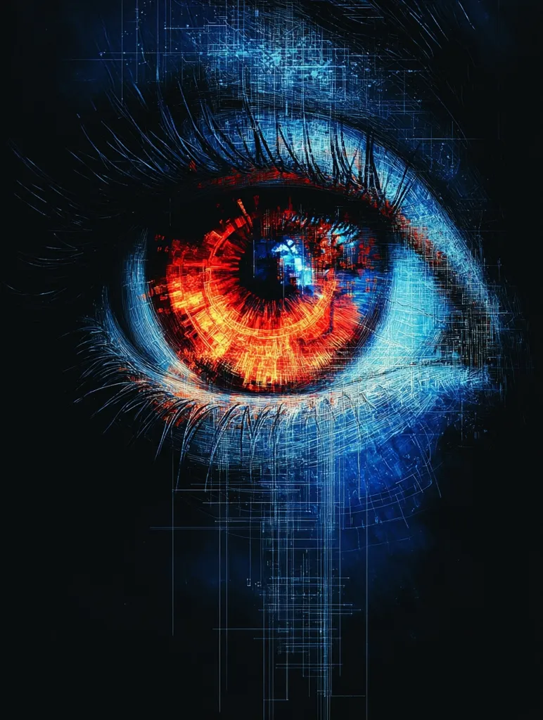 The image is a close-up of a stylized eye, rendered in vibrant blues and fiery oranges.  The iris is a complex blend of these colors, appearing almost technological with intricate, circuit-like patterns.  Surrounding the eye,  blue digital lines and grids suggest a connection to technology or data streams, creating a futuristic and slightly surreal effect. The overall mood is dark and intense, hinting at themes of surveillance, artificial intelligence, or human-machine merging.
