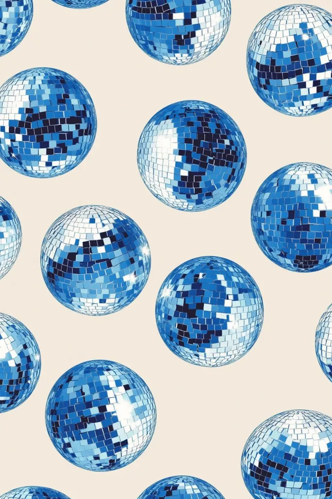 Here's a description of the image:

The image displays a repeating pattern of blue disco balls against a cream-colored background.  The disco balls are depicted in a slightly varied arrangement, overlapping slightly, creating a dynamic and fun visual effect. Each ball is rendered with high detail, showing the individual mirrored squares reflecting light.  The overall style is clean and modern, suggesting a celebratory or festive theme.