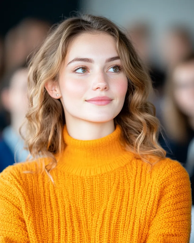 A young woman with light brown, wavy hair looks thoughtfully off to her left.  She's wearing a vibrant mustard-yellow, turtleneck sweater with a ribbed knit texture. Her makeup is subtly applied, highlighting her natural features. The background is blurred, suggesting she's in a public setting, possibly an indoor event or lecture, with other people visible out of focus.  Her expression is calm and contemplative.