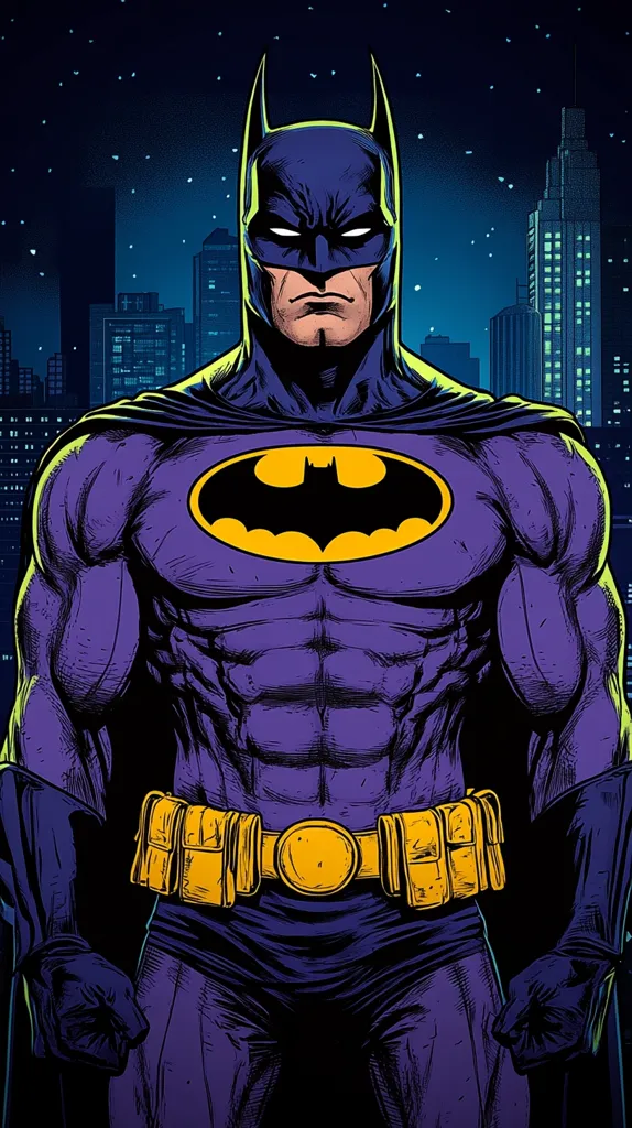 A striking illustration of Batman dominates the image.  He's depicted in a vibrant purple suit, his muscular physique clearly defined.  The iconic yellow bat symbol is prominently displayed on his chest.  His expression is serious, and his stance is powerful.  A nighttime cityscape forms a dramatic backdrop, hinting at the nocturnal nature of his work. The art style is reminiscent of comic book illustration, with bold lines and contrasting colors.
