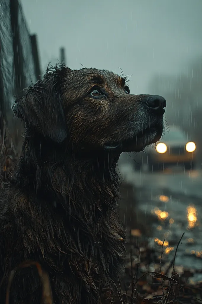 Here's a description of the image:

A dark-coated dog, possibly a mix breed, stands drenched in the rain. Its fur is matted and dark, reflecting the gloomy atmosphere. The dog's head is tilted slightly upward, gazing towards a blurred-out car with headlights visible in the background.  Rain streaks down the image, creating a moody, somber feel.  The dog is positioned near a wire fence, with the ground appearing wet and littered with fallen leaves. The overall palette is muted, dominated by dark greens, browns, and grays, enhancing the melancholic mood.