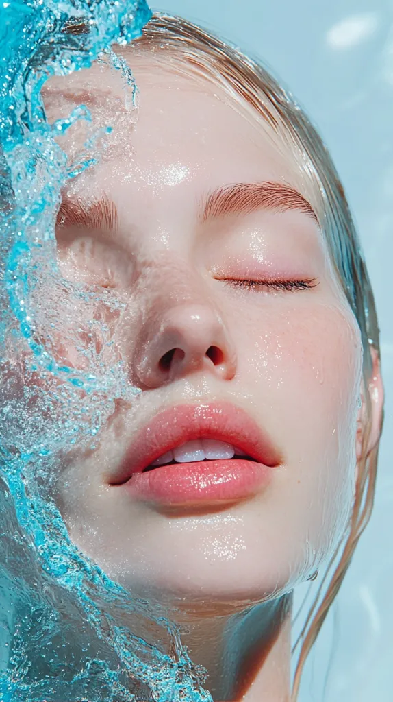 Close-up of a young woman's face partially submerged in clear, aqua-colored water.  Her eyes are closed, and her skin appears dewy and clean.  A wave of water splashes across her face, creating a dynamic and refreshing image.  The overall effect is one of purity, serenity, and natural beauty.  The lighting is bright and emphasizes the water's texture and the woman's soft features.