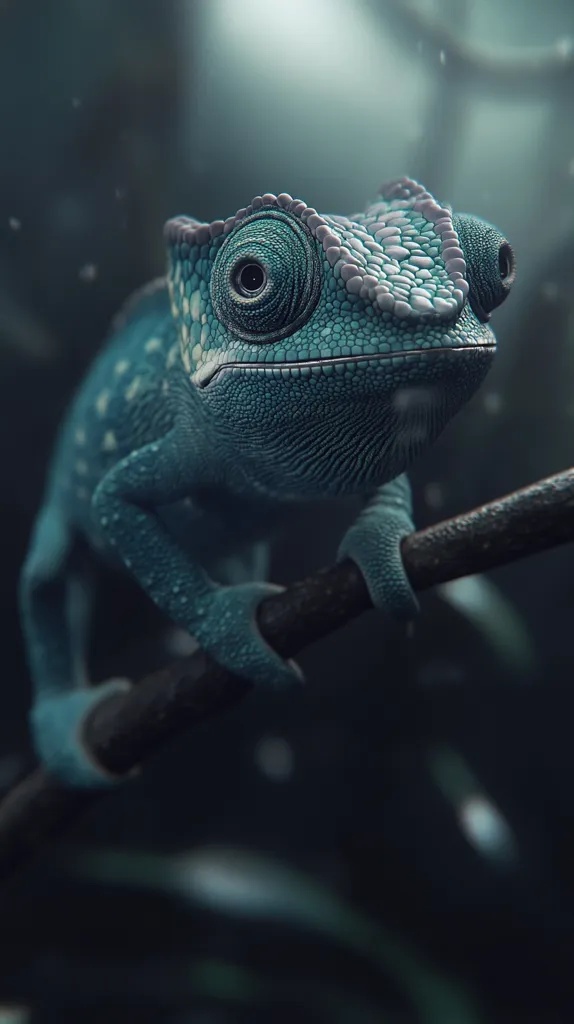 Here's a description of the image:

Close-up view of a teal-colored chameleon perched on a dark branch. The chameleon's skin displays a textured, bumpy pattern, and its large, expressive eyes are prominently featured.  The background is blurry, suggesting a dark, lush forest environment with subtle bokeh effects.  A few small, light particles seem suspended in the air, adding to the moody atmosphere. The overall tone is dark and mysterious, highlighting the chameleon's vibrant color. The image appears to be digitally enhanced or created.