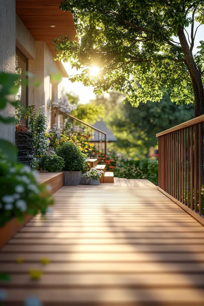 Here's a description of the image:

The photo shows a sun-drenched wooden deck extending from a modern home into a lush garden.  Sunlight streams through the leaves of a large tree overhead, casting dappled shadows on the deck.  Planters filled with vibrant flowers and greenery line the steps leading up to the house.  A wooden railing borders the deck, providing a sense of security and framing the beautiful view of the garden. The overall atmosphere is one of serene tranquility and outdoor living.