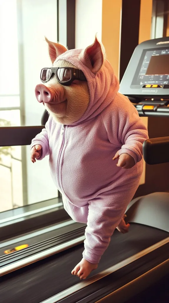 Here's a description of the image:

A pig, wearing sunglasses and a lavender hooded onesie, is shown walking on a treadmill in a gym setting.  The pig's expression is relaxed and almost amused. The treadmill is modern and sleek, set against a large window with a blurred outdoor view.  The overall tone is humorous, presenting an unexpected and comical image of a pig engaging in human fitness activities.