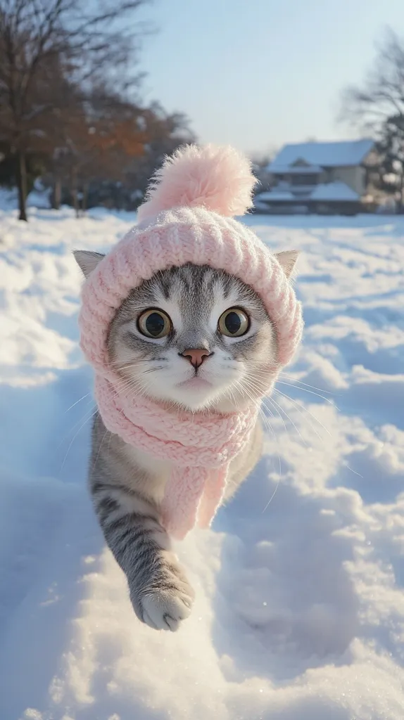 Here is a description of the image:

A grey and white cat, wearing a light pink knitted hat and scarf, stands in the snow.  Its large, expressive eyes are wide open, giving it a curious and slightly surprised look. The cat's paws are visible, and it appears to be walking or standing in a shallow drift of snow. The background is softly blurred, showing a snowy landscape with trees and a house in the distance under a bright, sunny sky. The overall impression is one of warmth and cuteness, contrasting the cold winter setting.