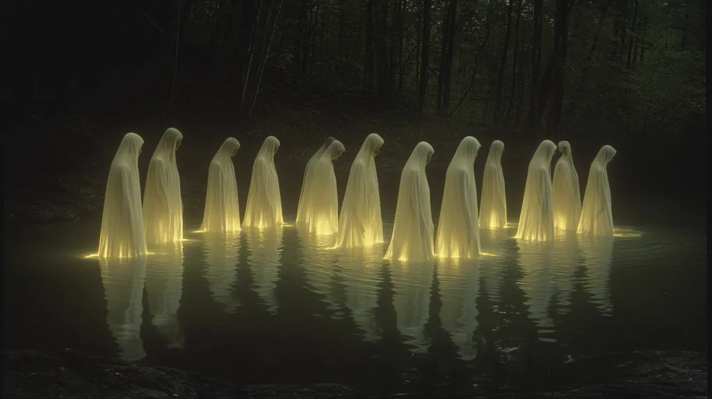 A serene, ethereal image depicts a procession of cloaked figures wading through a dark, calm body of water.  The figures, seemingly illuminated from within, appear translucent and ghostly against the backdrop of a shadowy forest.  Their long, flowing robes create a sense of mystery and otherworldliness, as if they are spirits or apparitions moving in unison.  The reflective water mirrors the figures, doubling the spectral effect and enhancing the dreamlike atmosphere.