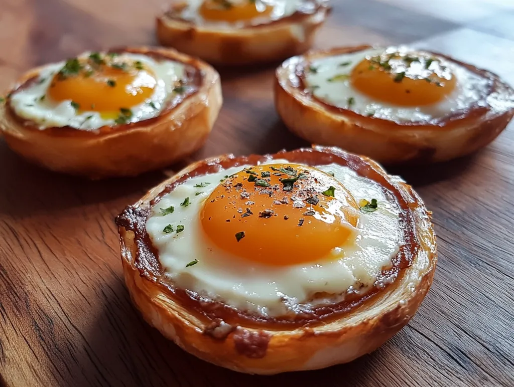 Four golden-brown pastry cups, each cradling a perfectly fried egg with a vibrant yolk, are arranged on a rich wooden board.  The eggs are seasoned with a sprinkle of parsley and what looks like black pepper.  The pastry cups appear slightly caramelized around the edges, enhancing their appetizing appearance.  The close-up shot emphasizes the texture and detail of the food, making it look incredibly delicious.